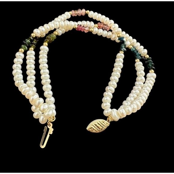 14k Three Strand Freshwater Pearl Multi gemstone Beaded Bracelet 7.5 Inches - Picture 8 of 8